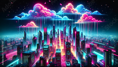 Synthwave retro-futuristic cyberpunk style city landscape with clouds background. Bright neon pink and blue colors.