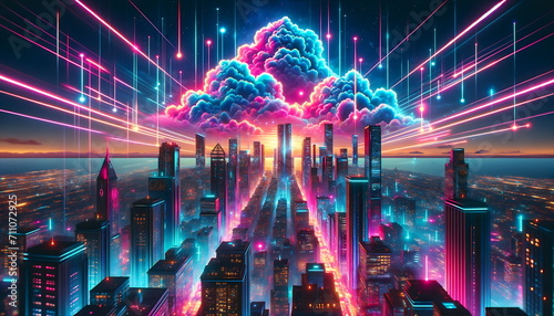Synthwave retro-futuristic cyberpunk style city landscape with clouds background. Bright neon pink and blue colors. © Aksaka