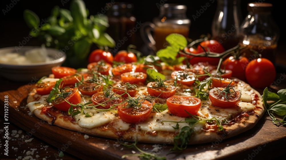 Close-up of a delicious pizza with cherry tomatoes, basil, and mozzarella cheese