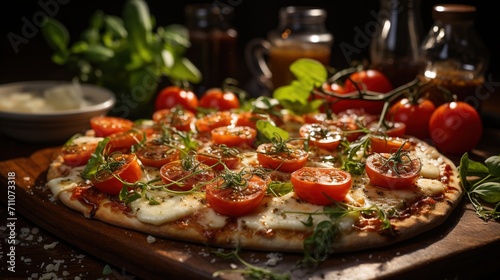 Close-up of a delicious pizza with cherry tomatoes, basil, and mozzarella cheese