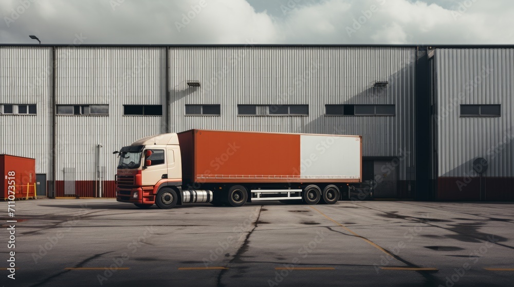 Truck with trailer near warehouse. Neural network AI generated art Truck with trailer near warehouse. Neural network AI generated art