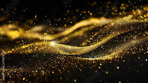 Gold glitter wave abstract wavy design element  golden sparkles on black background. Generative AI