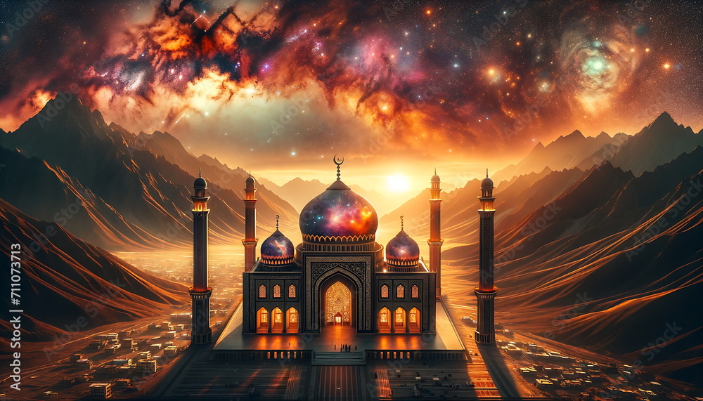 The majesty of a mosque in a panoramic view with a galaxy-themed background. The mosque is adorned with warm tones of oranges, yellows, and gold.