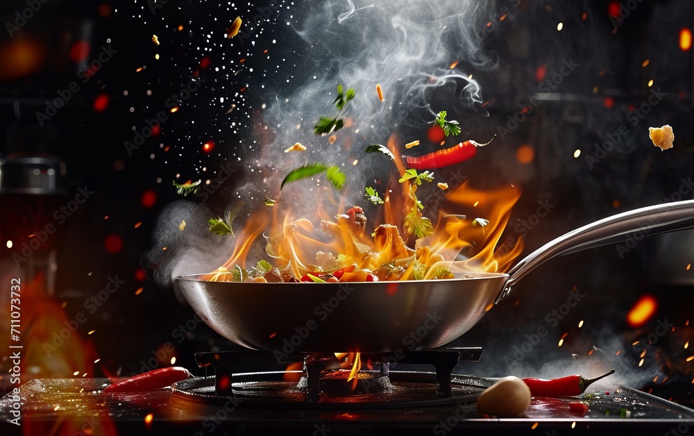 Frying pan with vegetables on fire background. Vegetarian food. Frying pan with vegetables on fire background. Vegetarian food.