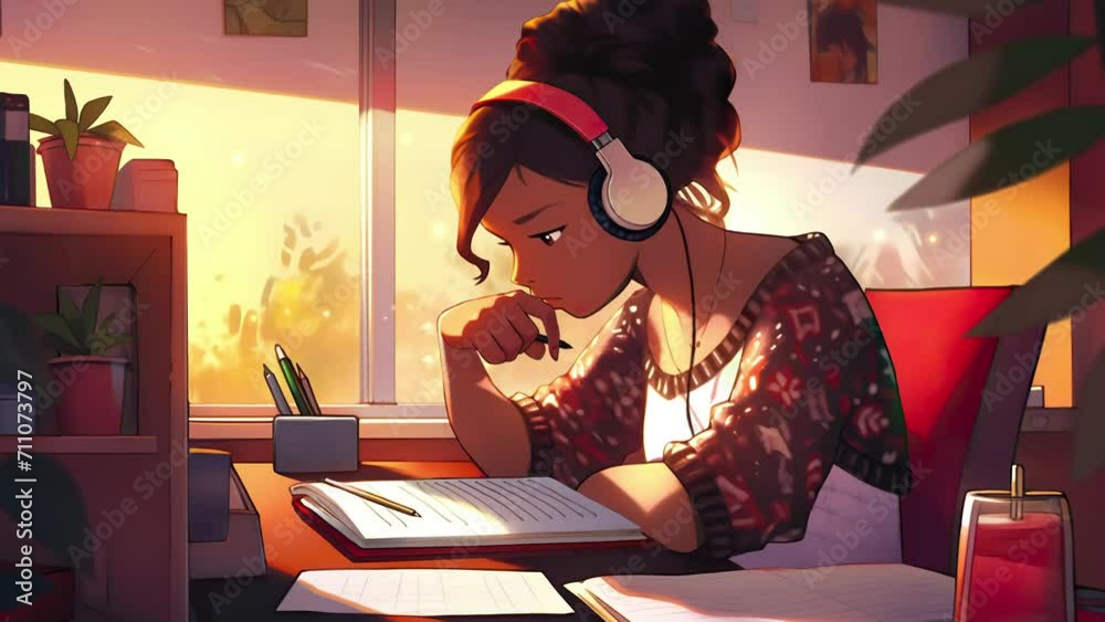 Lofi animation. Seamless loop. Girl is studying. Assets were created with the help of an AI and then were manually modified and animated.