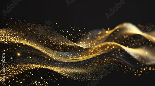 Gold glitter wave abstract wavy design element, golden sparkles on black background. Generative AI
