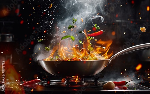 Frying pan with vegetables on fire background. Vegetarian food.