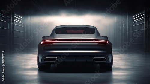 Luxury expensive car parked on dark background. Sport and modern luxury design gray car. Shiny clean lines and detailed front view of modern automotive.