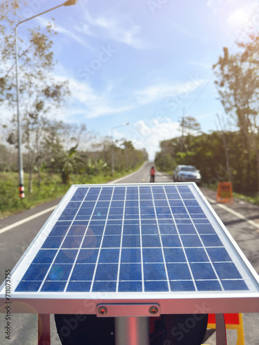 Solar panels capture sunlight to be reused as electricity for use in road safety applications.