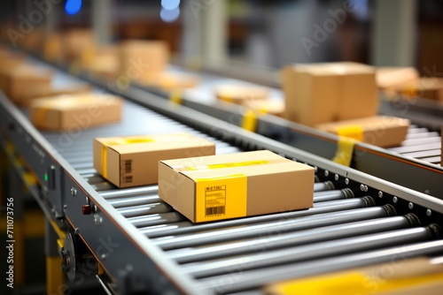 Packages on a conveyor belt in a warehouse