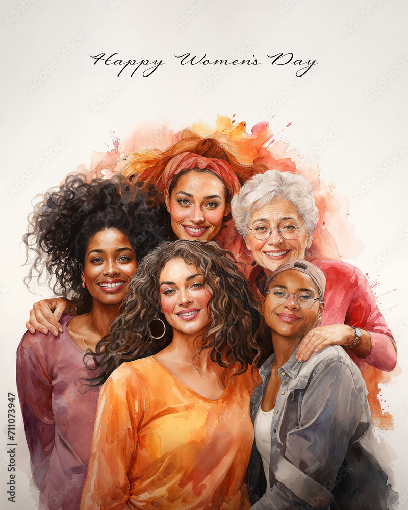 Woman day. Watercolor style illustration. Confident diverse women enjoying a moment of self-expression and connection.