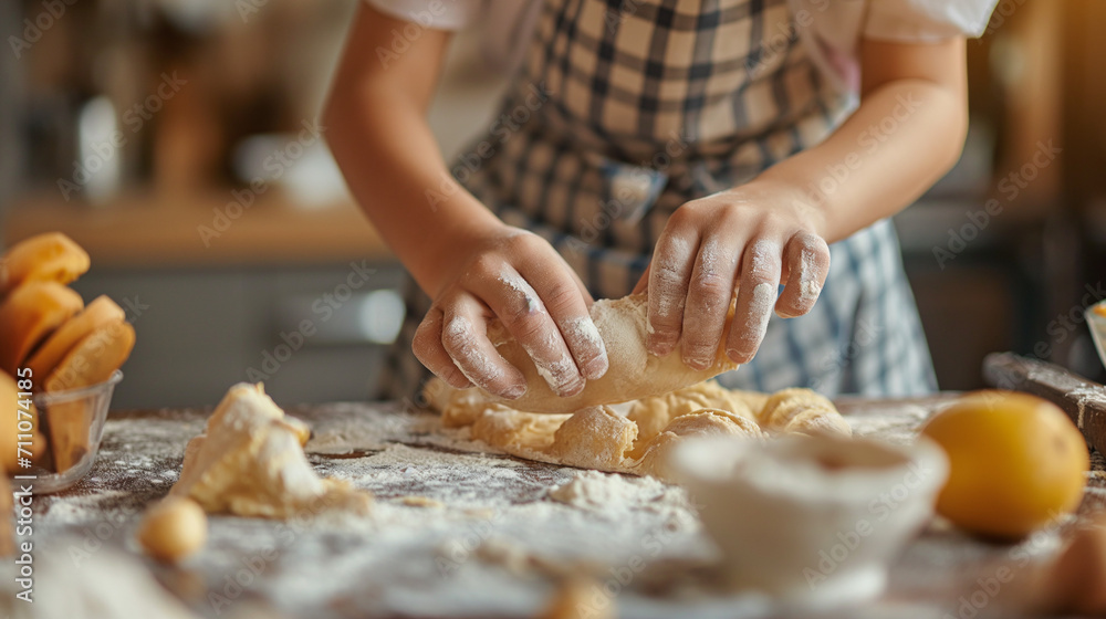 Child learning to roll dough under a chef's guidance, detailed view of hands and ingredients