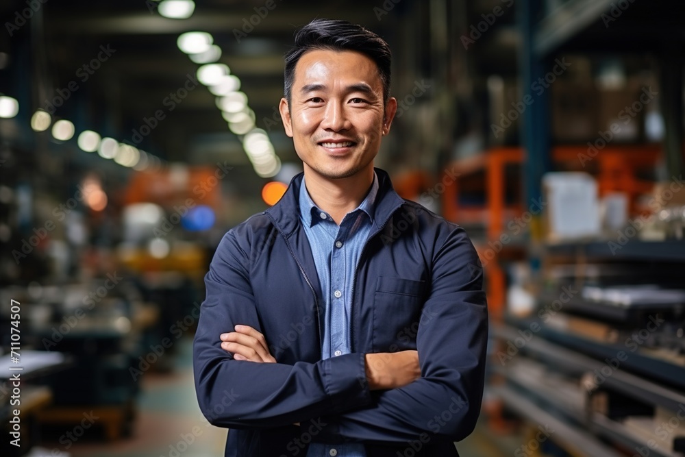 Portrait of a happy Asian man standing in a factory Portrait of a happy Asian man standing in a factory