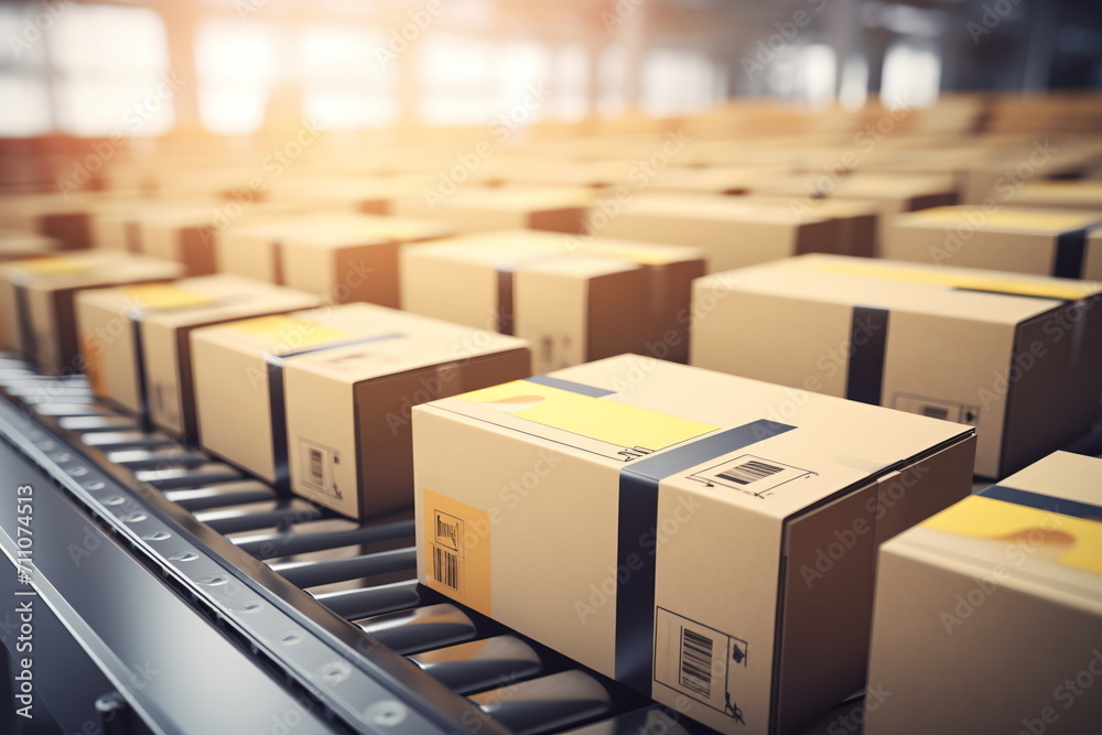 Cardboard boxes on a conveyor belt in a warehouse Cardboard boxes on a conveyor belt in a warehouse