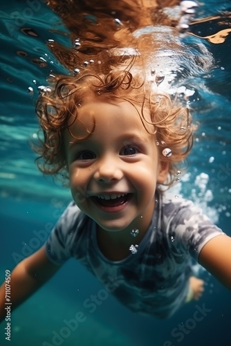 Toddler boy swimming underwater
