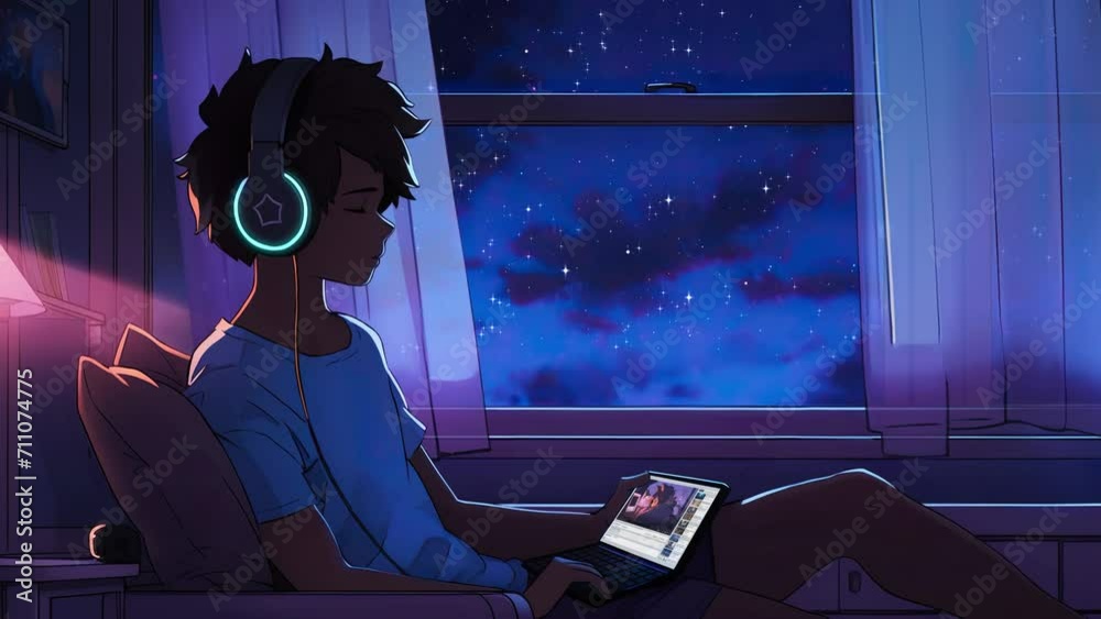 Lofi animation. Seamless loop. Guy listening the music. Assets were created with the help of an AI and then were manually modified and animated.