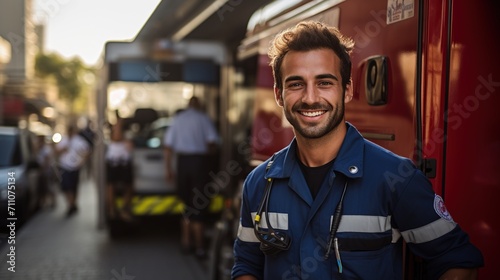 Portrait of a smiling young male paramedic in uniform standing in front of an ambulance
