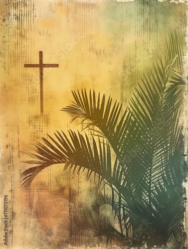Palm sunday background. Cross and palm on vintage background - generative ai © Nia™