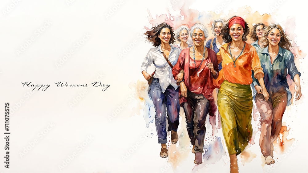 Affectionate family enjoying a carefree moment of happiness in a diverse and inclusive community. Women's day greeting card with an expressive watercolor drawing and text