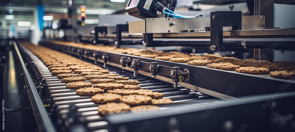 Efficient cookie baking production line with biscuits on conveyor belt in confectionery factory - obrazy, fototapety, plakaty 