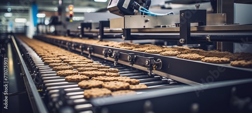 Efficient cookie baking production line with biscuits on conveyor belt in confectionery factory photo