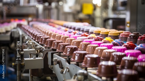 Efficient production line of chocolate candy on conveyor belt in confectionery factory