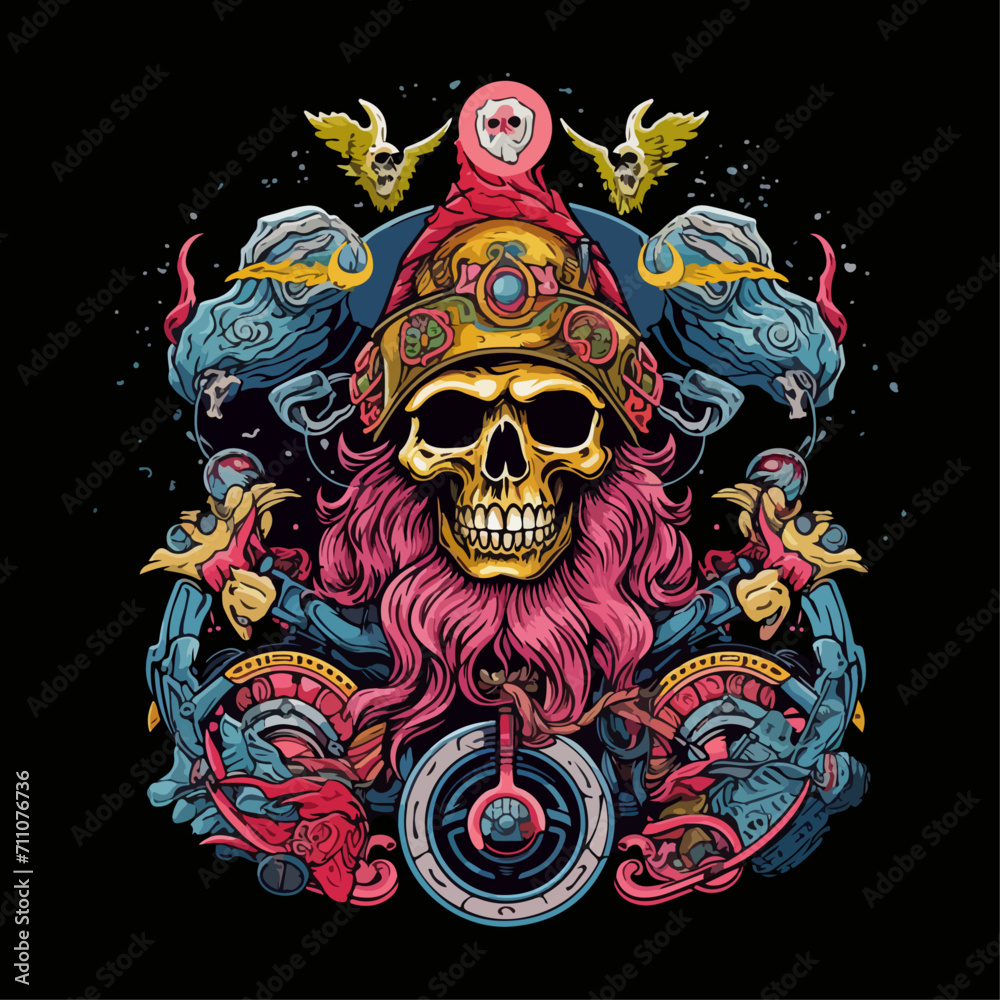 gothic skull horror design illustration on black background for tshirt, merchandise, wallpaper, or any purpose