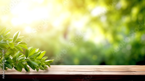 Empty Wooden Tabletop Against Green Blurry Forest Background 