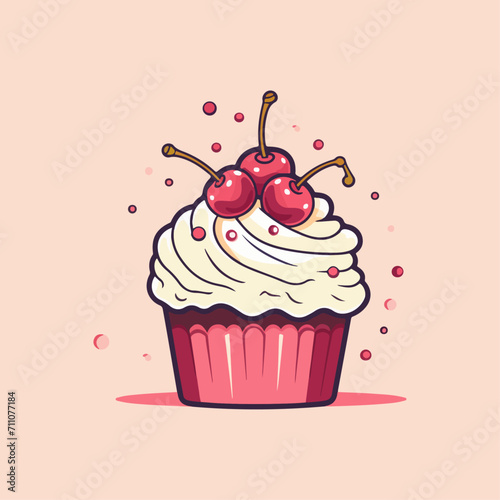 cream cupcake with cherry topping logo vector illustration isolated with sweet color background for logo shop