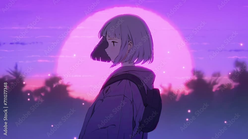 Lofi animation. Seamless loop. Girl outdoor. Assets were created with the help of an AI and then were manually modified and animated.