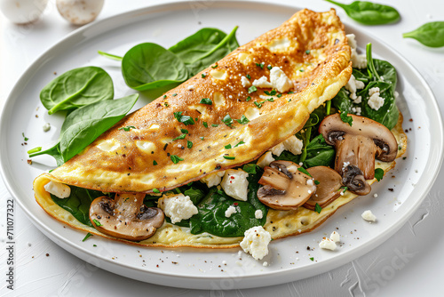 Egg omelette with spinach, mushrooms, and feta cheese on white plate photo