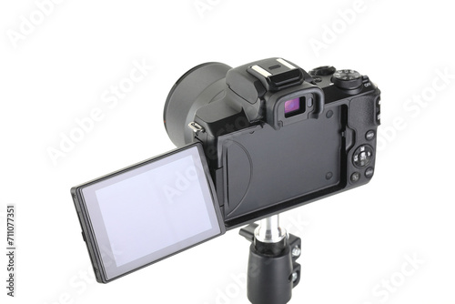 Black and Modern digital mirrorless Camera with lens on white background.