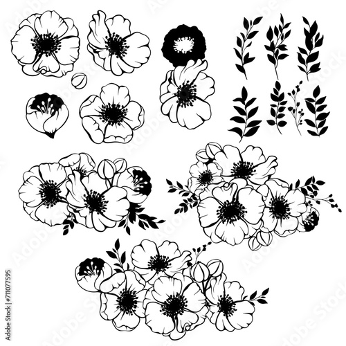 Anemone flower wreath composition. Vector spring, summer flowers and leaves silhouette bouquet border contour set