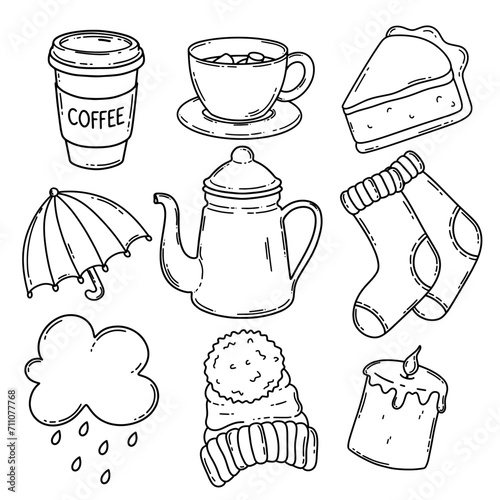 Autumn accessories vector set. Winter hat, socks, umbrella, piece of pie, candle, cloud, tea pot, coffee, chocolate with marshmallows