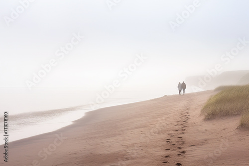 Couple walking on the beach. Foggy or misty morning  beautiful landscape.