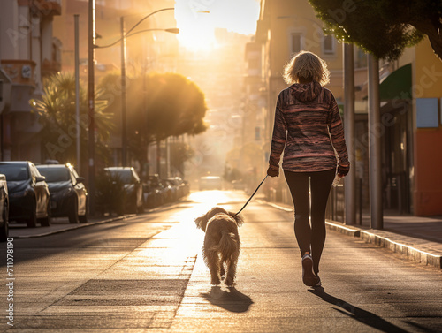 Back view of a woman walking her dog on the street, golden hour.  photo