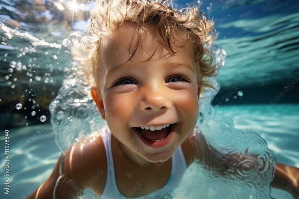 Ecstatic blonde toddler swimming underwater