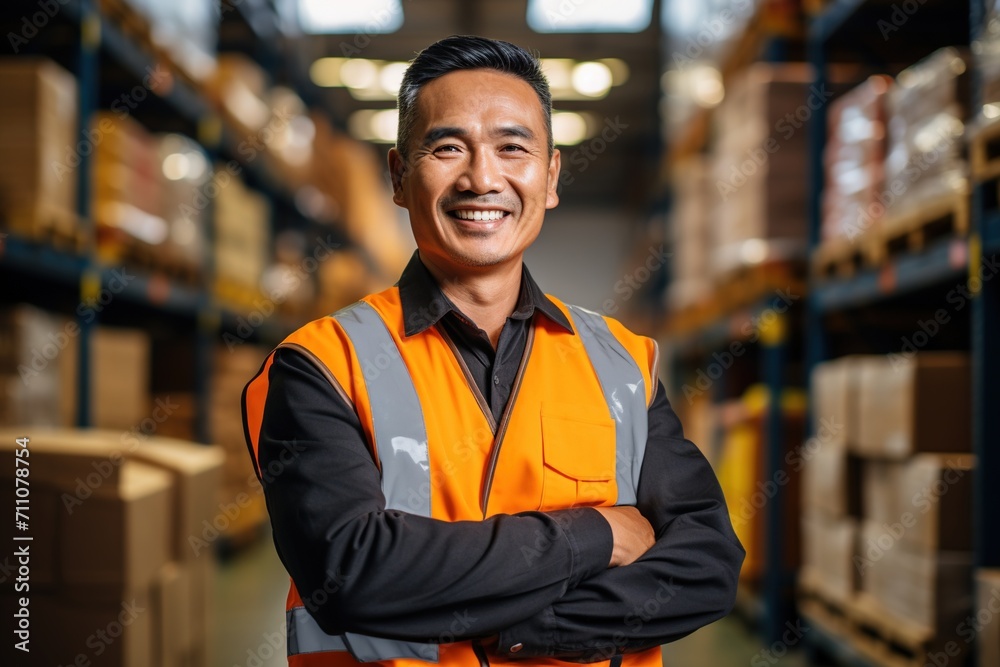 Portrait of a smiling Asian male warehouse worker in a black shirt and orange safety vest standing in a warehouse with shelves of boxes in the background Portrait of a smiling Asian male warehouse worker in a black shirt and orange safety vest standing in a warehouse with shelves of boxes in the background