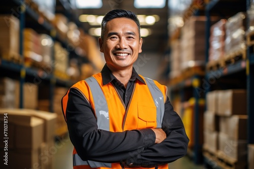 Portrait of a smiling Asian male warehouse worker in a black shirt and orange safety vest standing in a warehouse with shelves of boxes in the background