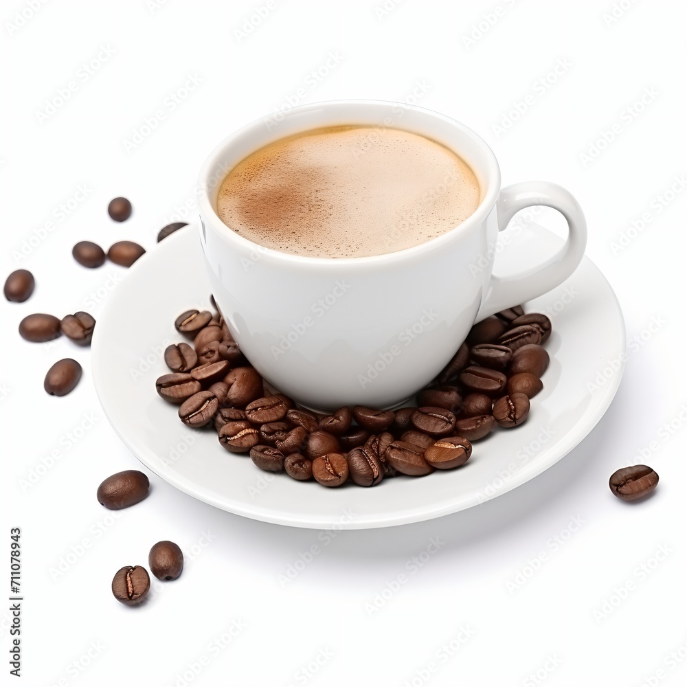 A cup of coffee with scattered coffee beans on a white background, A cup of coffee with scattered coffee beans on a white background,