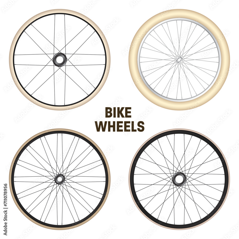 Realistic 3d retro bicycle wheels. Vintage bike rubber tyres, shiny metal spokes and rims. Fitness cycle, touring, sport, road and mountain bike. Vector illustration