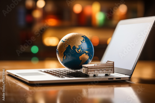 Laptop with globe on table in office. 3d rendering.