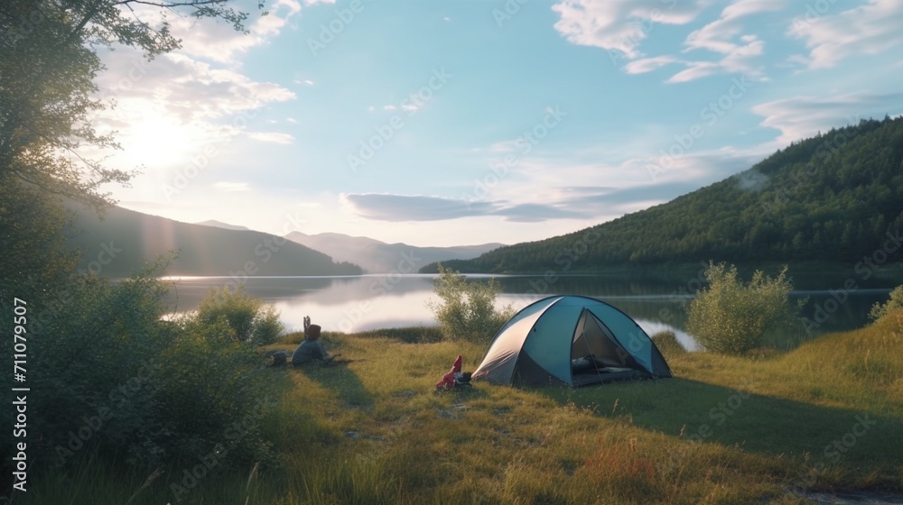 A camping tent in a nature hiking spot Relaxing during 
