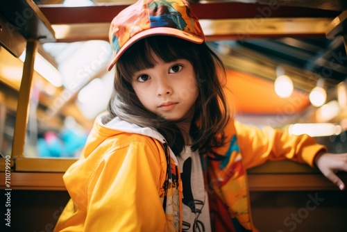 Portrait of a cute little girl in a yellow raincoat and cap.