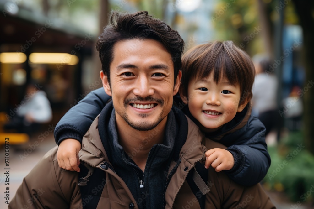 Happy Asian father carrying his son on his back Happy Asian father carrying his son on his back