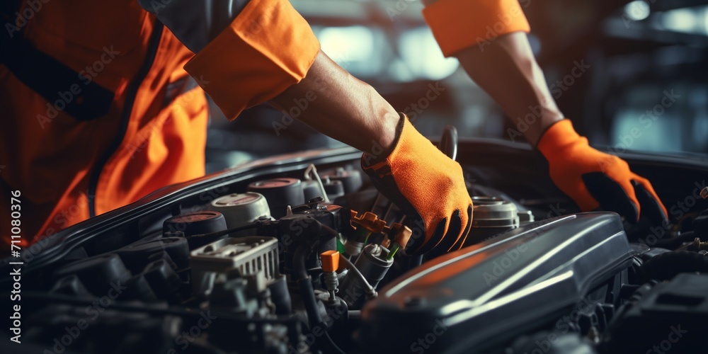 Black mechanic wearing orange coveralls fixing a car engine - obrazy, fototapety, plakaty 