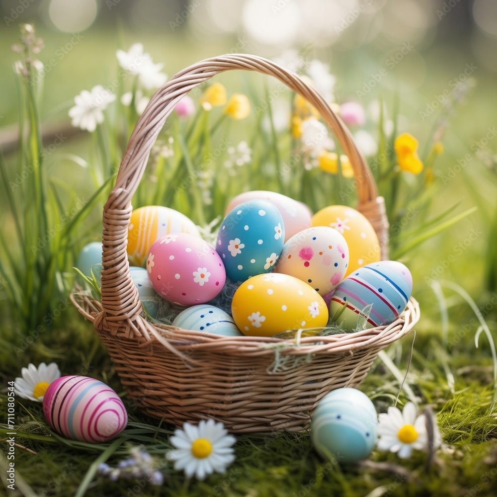 Easter Decoration: Pastel Eggs and Daffodils in Wicker Basket