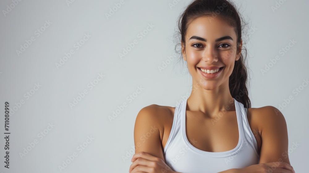 Close up of Latin American smiling woman female athlete doing fitness workout. Sportswoman do training, isolated on background.