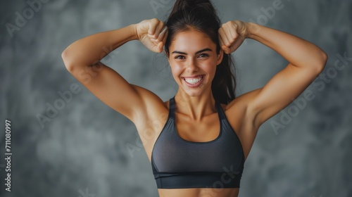 Close up of Latin American smiling woman female athlete doing fitness workout. Sportswoman do training  isolated on background.