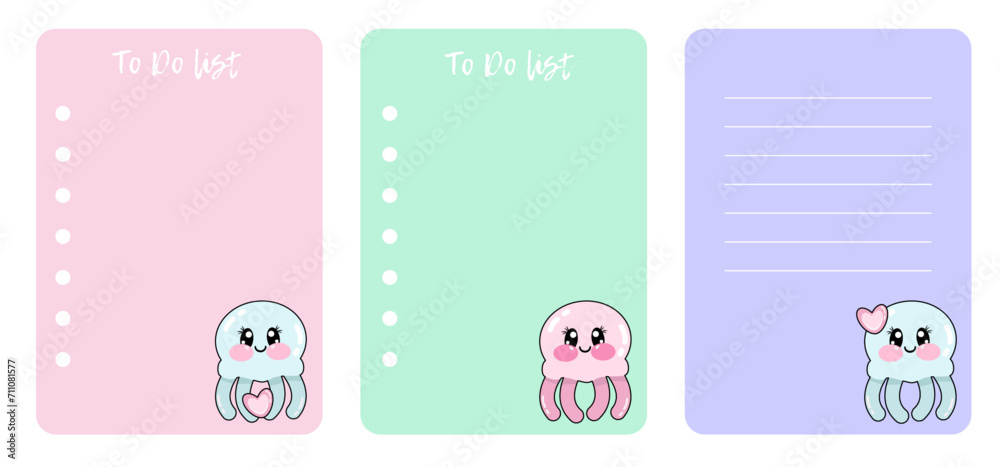 Set of notes with kawaii jellyfish cute faces. To Do list, Check list, tasks decorated templates. Printable stylish kids checklist. Stationery for children Set of notes with kawaii jellyfish cute faces. To Do list, Check list, tasks decorated templates. Printable stylish kids checklist. Stationery for children